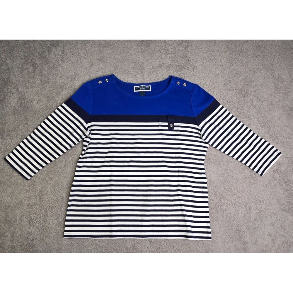 Karen Scott Shirt Women's Petite Large Blue White Black Stripe Top Buttons